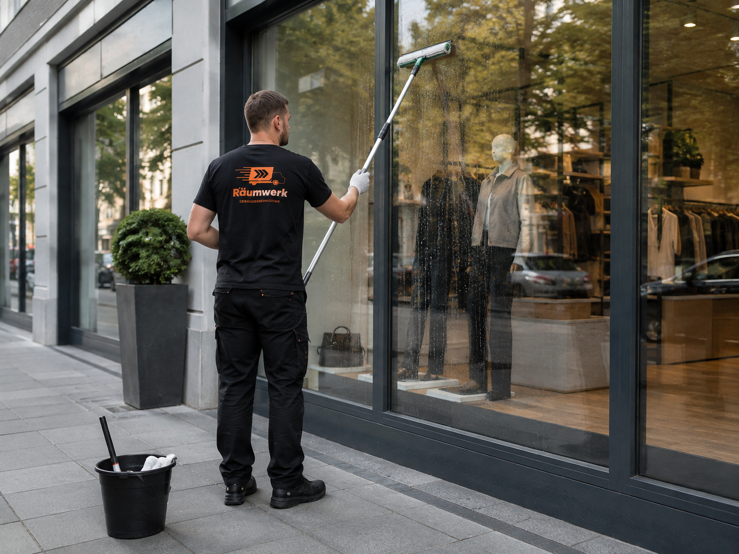 Räumwerk-Mitarbeiter reinigt ein großes Schaufenster mit dem Abzieher