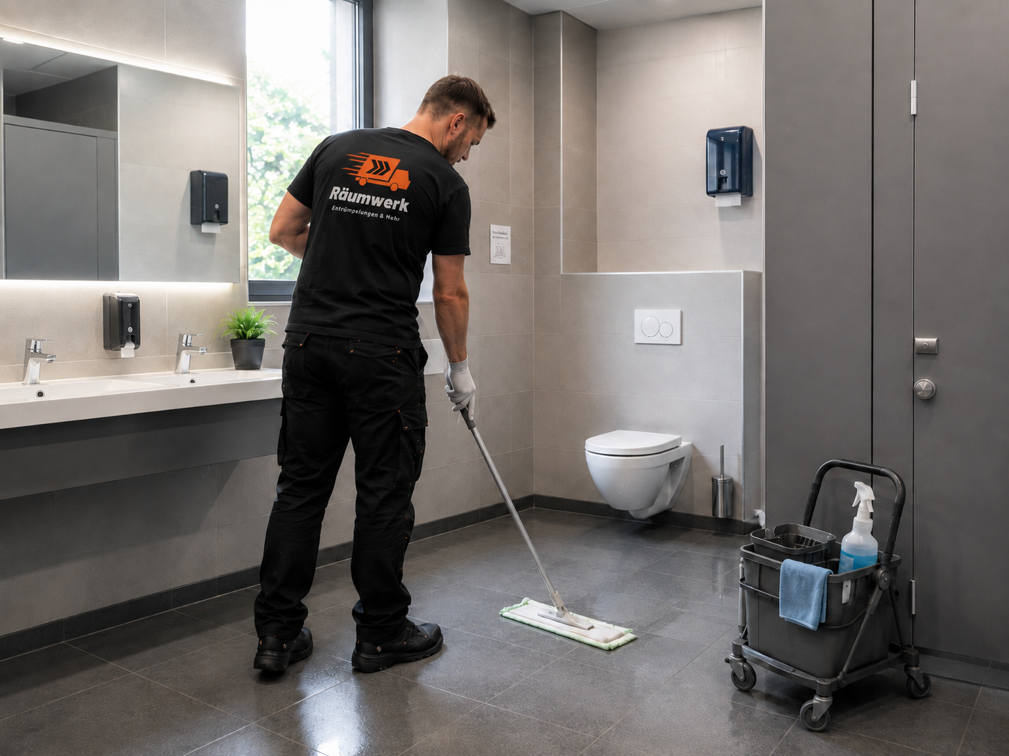 Räumwerk-Mitarbeiter reinigt ein neu gebautes Sanitärbad übergabefertig