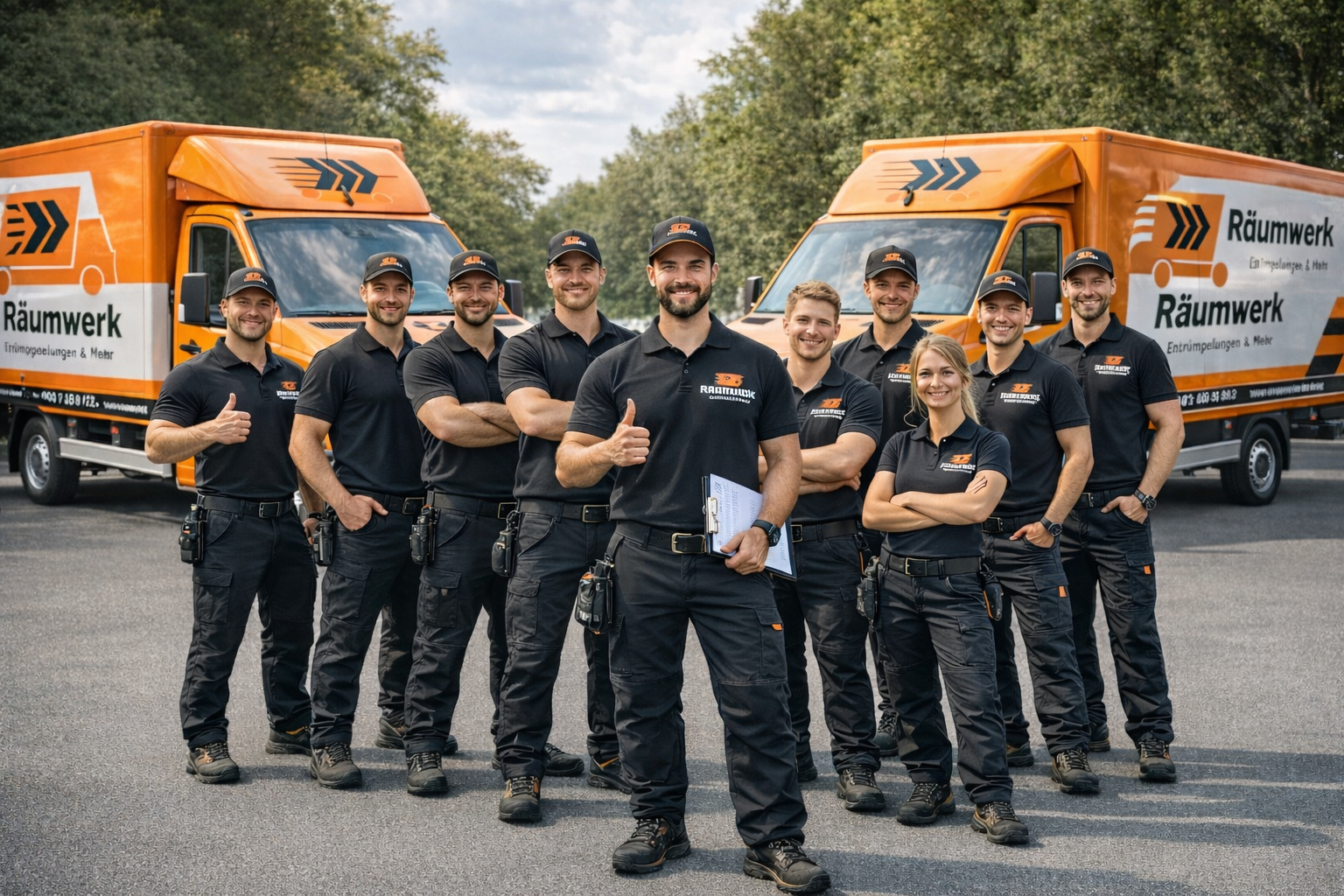 Räumwerk Entrümpelung Team Nürnberg vor Firmenfahrzeugen