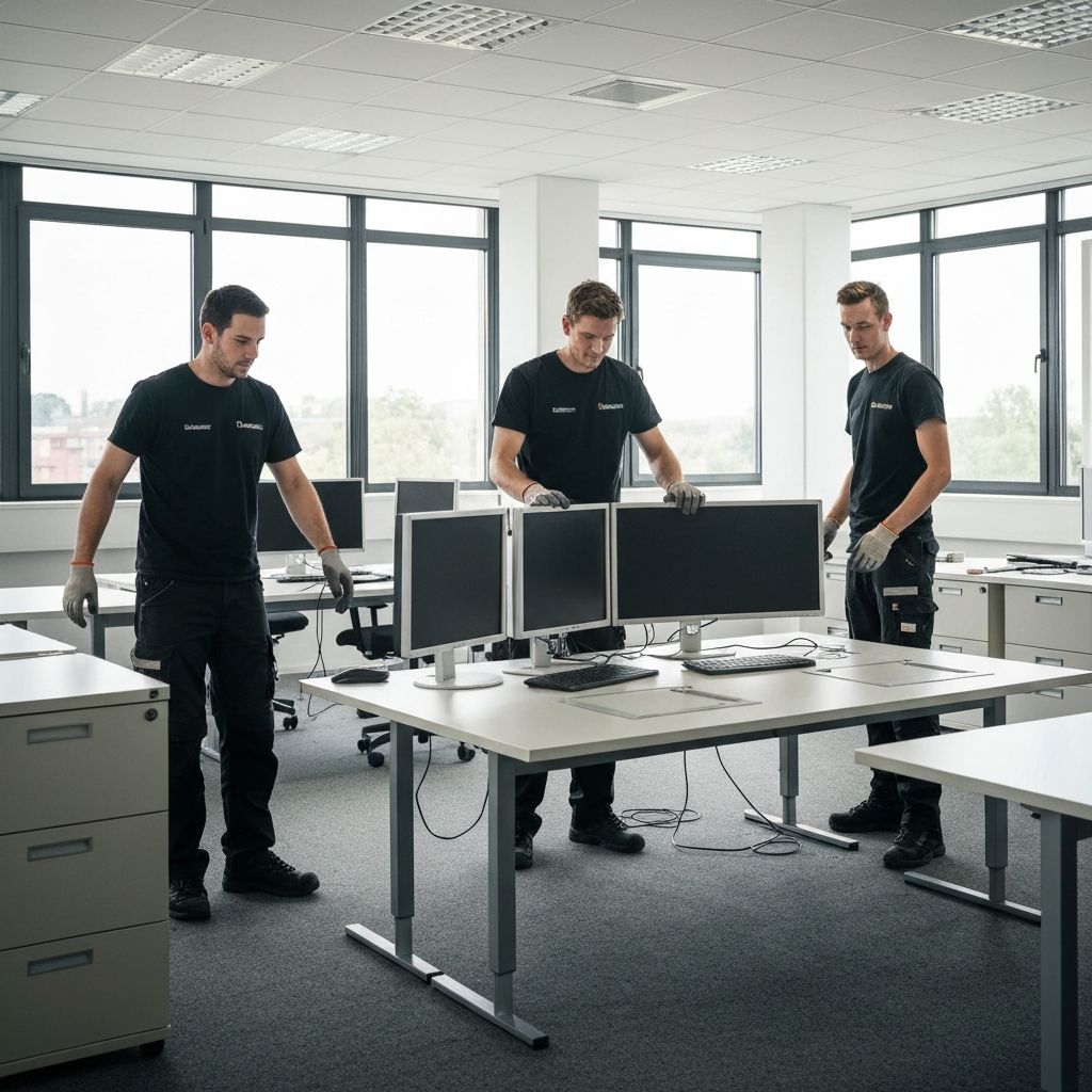 Räumwerk Team baut Büromöbel ab und räumt Schreibtische in modernem Großraumbüro