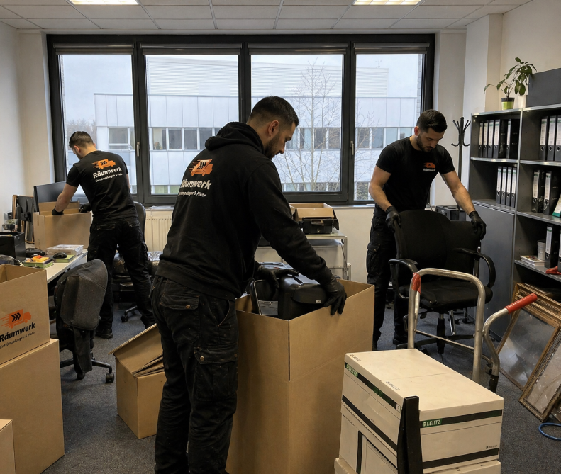 Räumwerk Team in Räumwerk-Hoodies löst Büro auf — verpackt Bürotechnik in Räumwerk-Kartons und transportiert Bürostühle ab