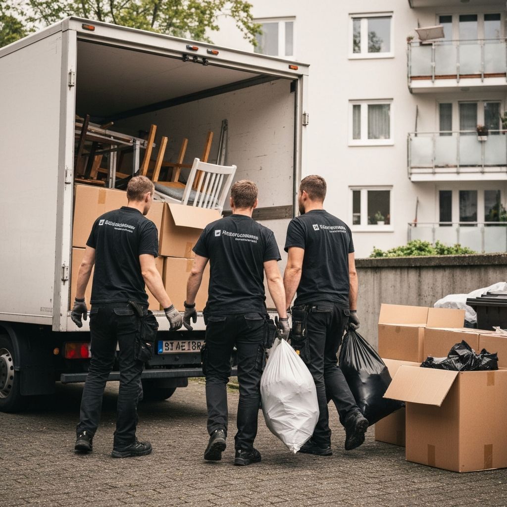 Räumwerk Team belädt LKW vor Wohnhaus mit Möbeln und Kartons