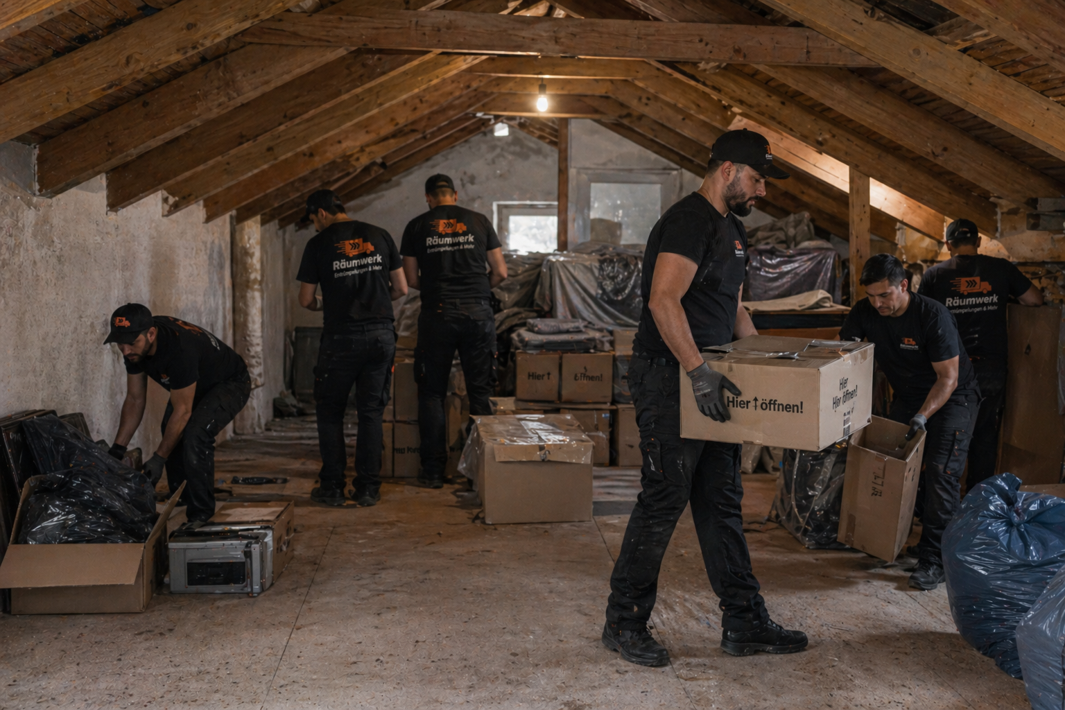 Räumwerk Team räumt einen vollen Dachboden mit alten Kartons und Sperrmüll