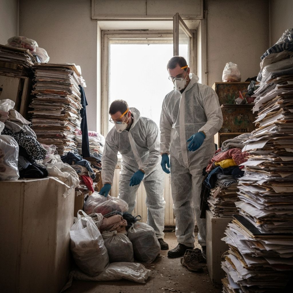 Spezialisten in Schutzanzügen und FFP2-Masken bei sensibler Messie-Räumung