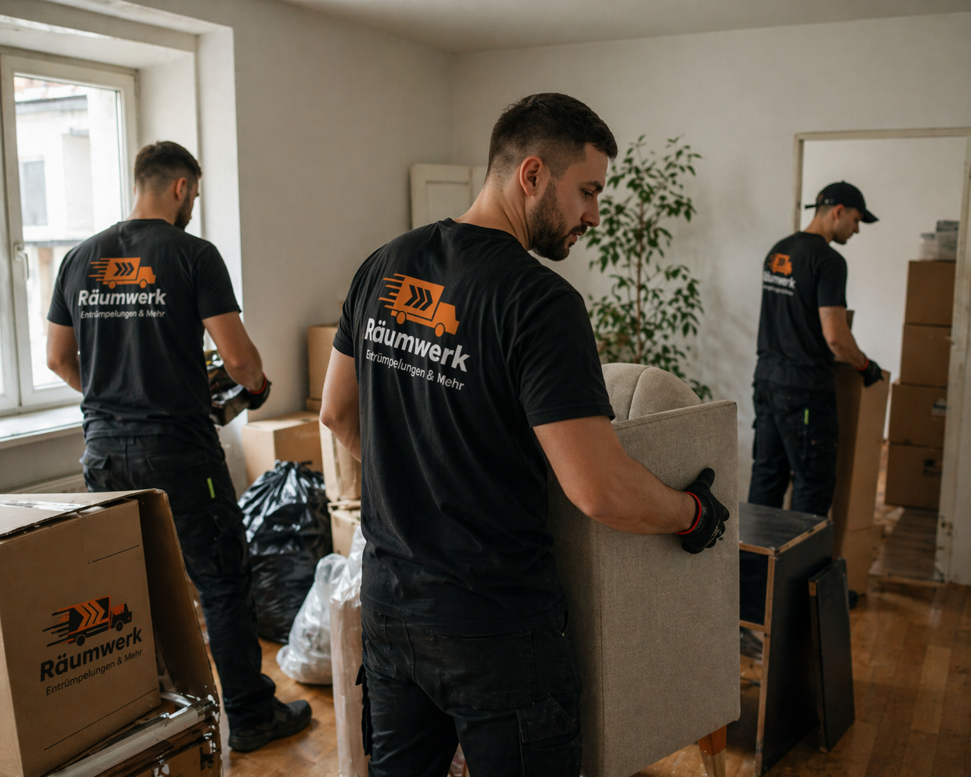 Räumwerk Mitarbeiter trägt Sessel aus leergeräumter Wohnung